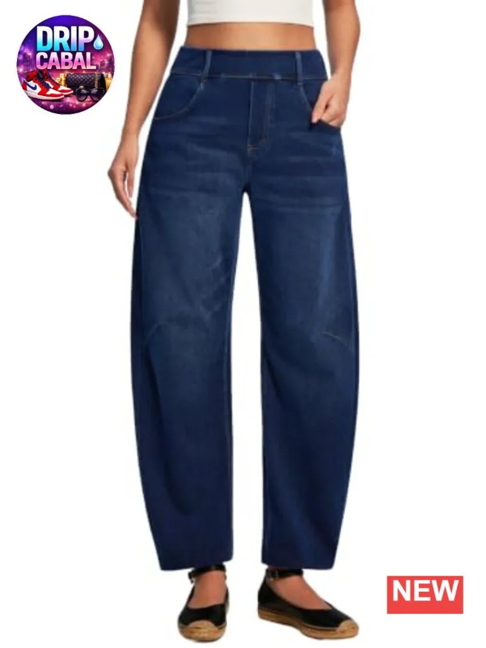 High Waisted Pull On Stretch Barrel Jeans Women Wide Leg Denim Pants